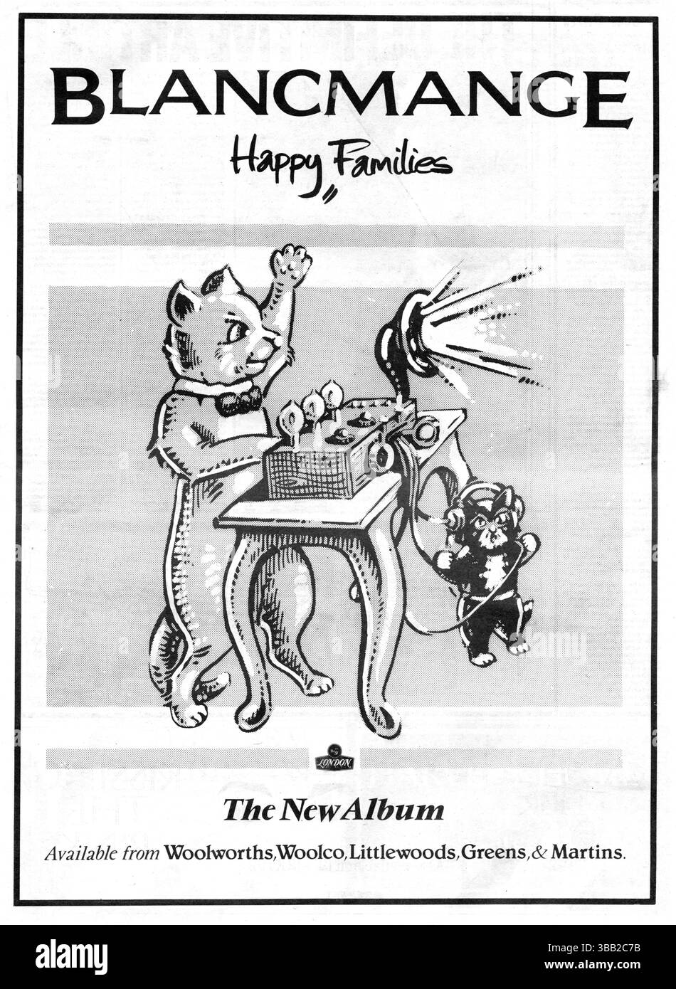Ganzseitige Presseanzeige für das Blancmange-Album Happy Families auf London Records. Erhältlich in Woolworths, Woolco, Littlewoods, Greens und Martins Shops. Oktober 1982. Illustration von Katzen, die hifi hören. Stockfoto
