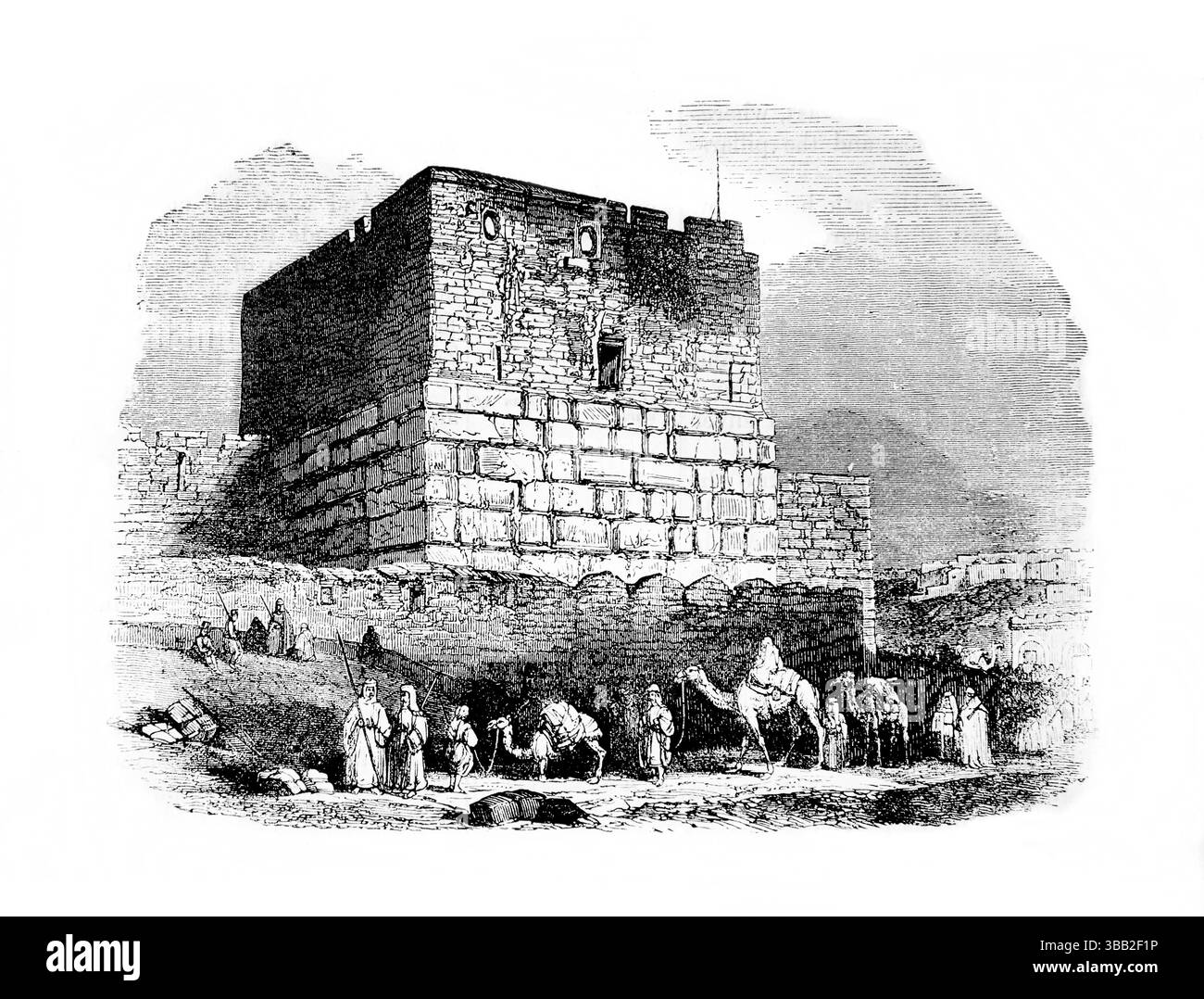 Illustration von Davids Turm in Jerusalem aus dem antiken 19. Jahrhundert die Heilige Bibel enthält das Alte und das neue Testament mit Erläuterungen, Refe Stockfoto