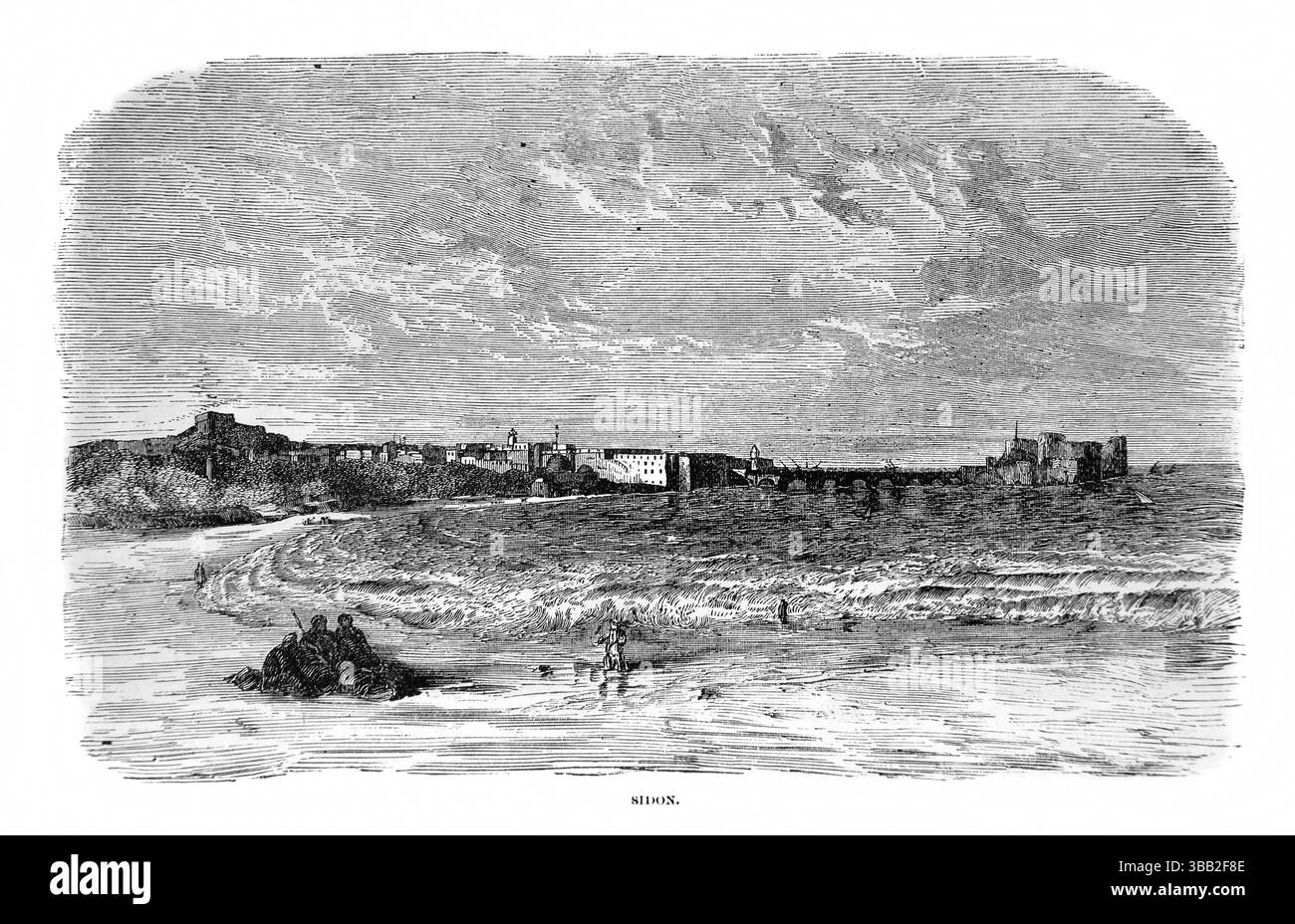 Illlustration der Küste von Sidon mit der Kreuzfahrerburg hinter dem antiken 19. Jahrhundert die Heilige Bibel mit dem Alten und Neuen Testament W Stockfoto