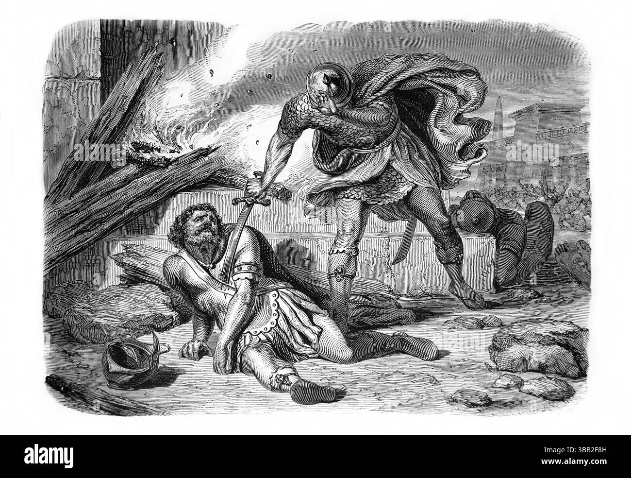 Illustration des Todes Abimelechs bei der Belagerung der Stadt Thebez warf eine Frau einen Laufstein vom Dach, der Albimlech traf Stockfoto