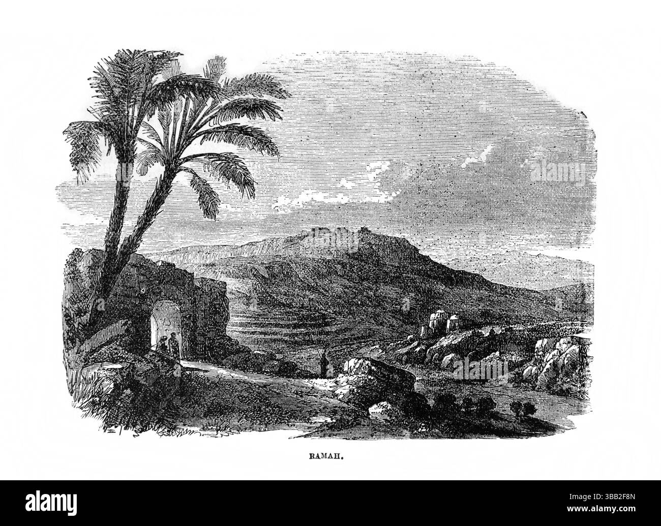 Illustration der biblischen Stadt Ramah im antiken Israel, die dem Stamm Benjamin (Samuel) aus dem antiken 19. Jahrhundert zugewiesen wurde, die Heilige Bibel enthält Stockfoto