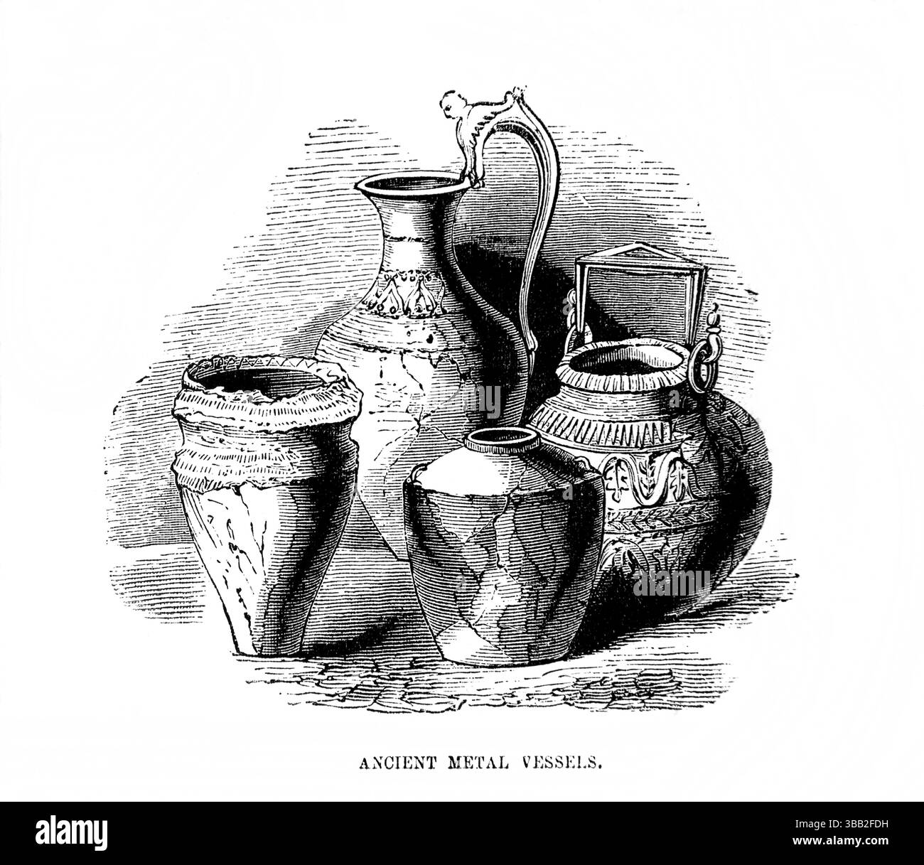 Illustration der antiken Metallgefäße aus der biblischen Zeit des antiken 19. Jahrhunderts die Heilige Bibel enthält das Alte und das neue Testament mit Expla Stockfoto