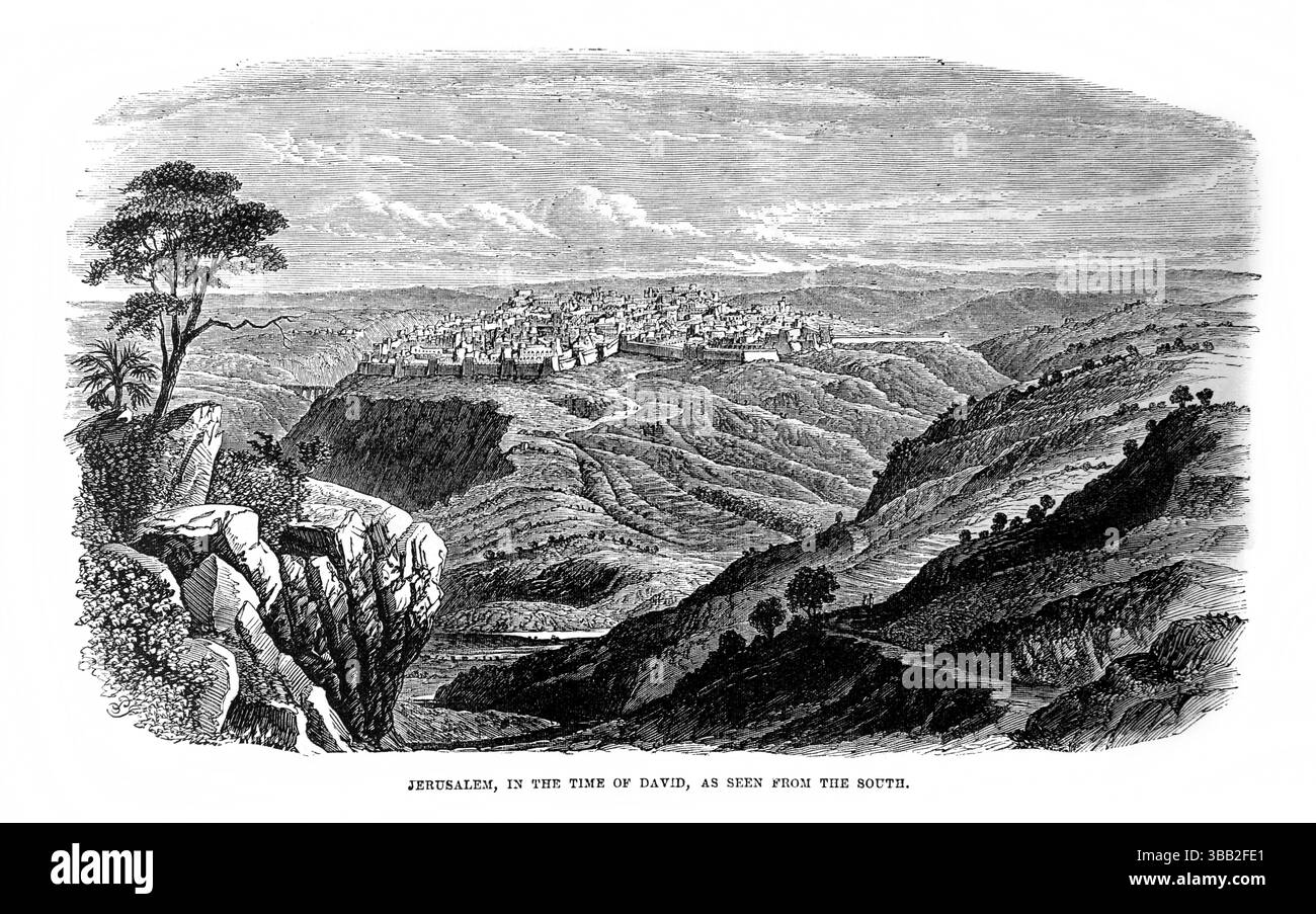 Illustration von Jerusalem in der Zeit Davids aus dem Süden aus dem antiken 19. Jahrhundert die Heilige Bibel mit dem Alten und Neuen Testament mit Stockfoto