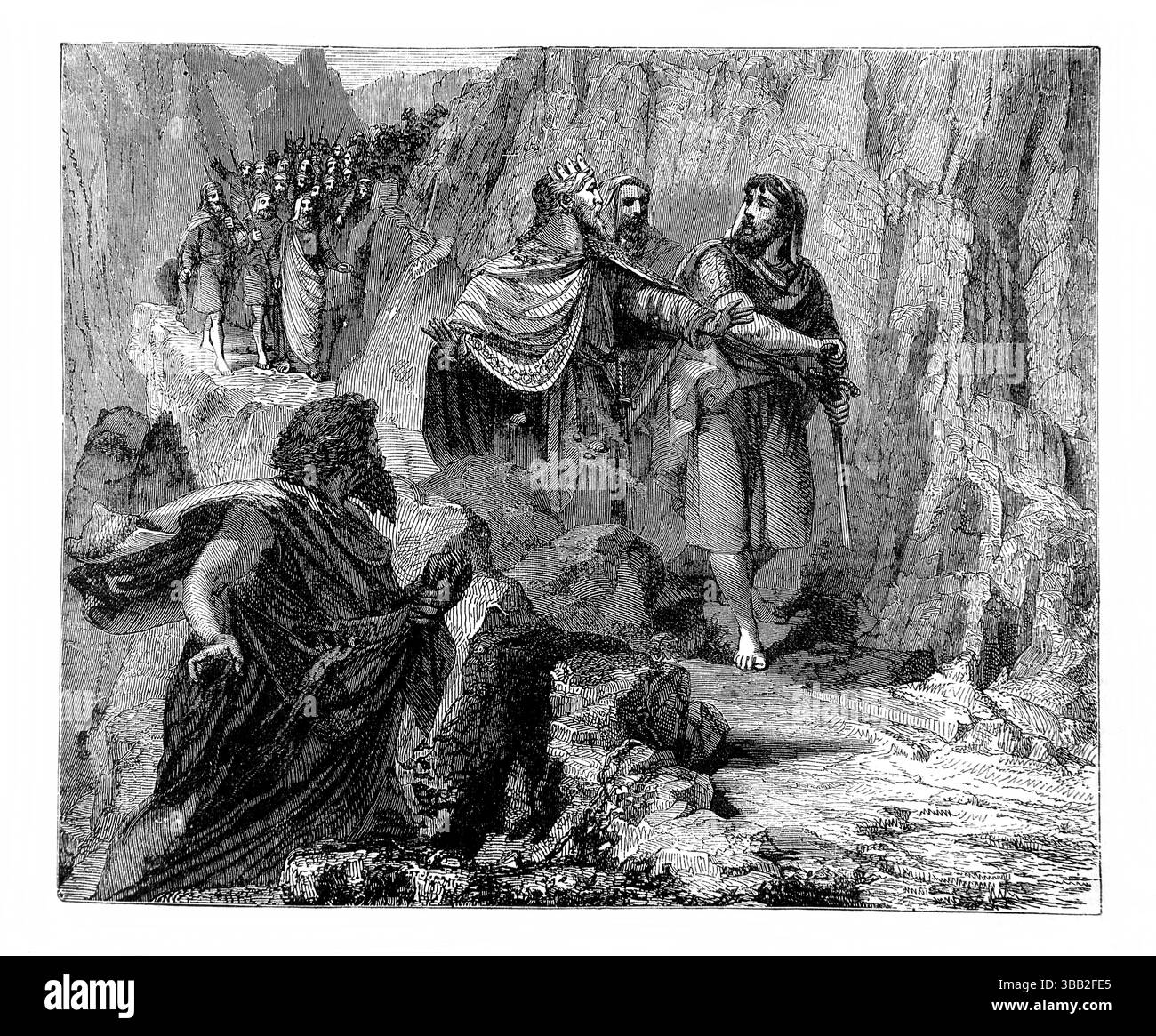 Illustration von Shimei, der David verflucht und Steine auf ihn wirft auf seiner Flucht aus Jerusalem (Samuel) aus dem Antiken 19. Jahrhundert die Heilige Bibel enthält Stockfoto
