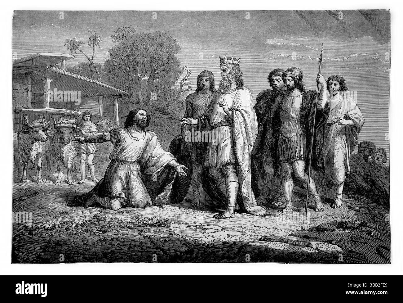 Illustration von Araunah, dem Jebusiten, der David seine Dreschdecke anbot - David kaufte die Stätte und Ochsen. Die Stätte war der Ort, an dem König Salomo gebaut wurde Stockfoto