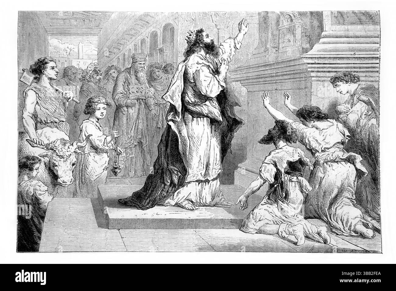 Illustration des Königs Salomo und der Widmung des Tempels (Könige) aus dem antiken 19. Jahrhundert die Heilige Bibel enthält das Alte und das neue Testament W Stockfoto