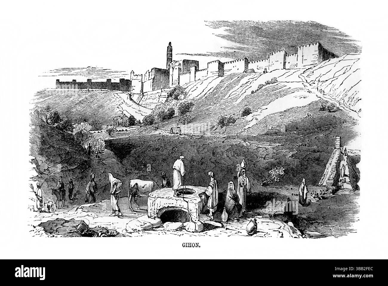 Illustration eines Gihon Springs Brunnens aus dem antiken 19. Jahrhundert die Heilige Bibel enthält das Alte und das neue Testament mit Erläuterungen, Referenzen Stockfoto