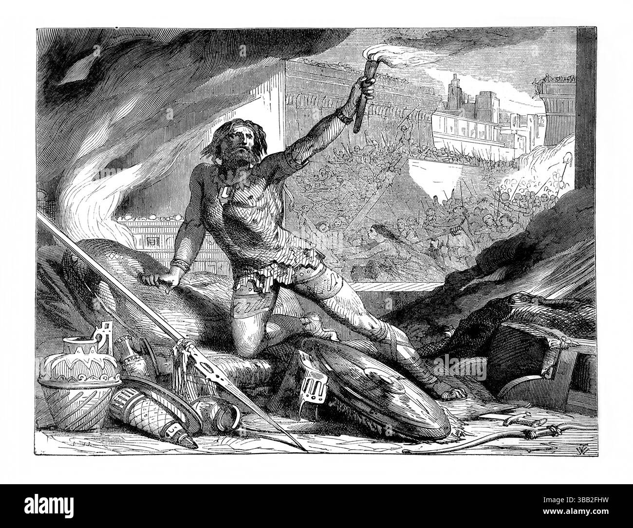 Illustration von Zimri, die sich im Königshaus aus dem Antiken 19. Jahrhundert selbst zerstörte, die Heilige Bibel mit dem Alten und Neuen Testament mit Expla Stockfoto