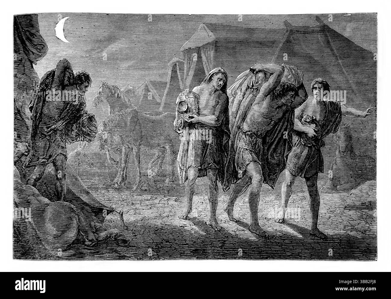 Illustration der vier Aussätzigen, die das verlassene Lager der Syrer entdecken - Botschafter bringen Nachrichten über die syrische Flucht (Könige) aus dem Antike 19 Stockfoto