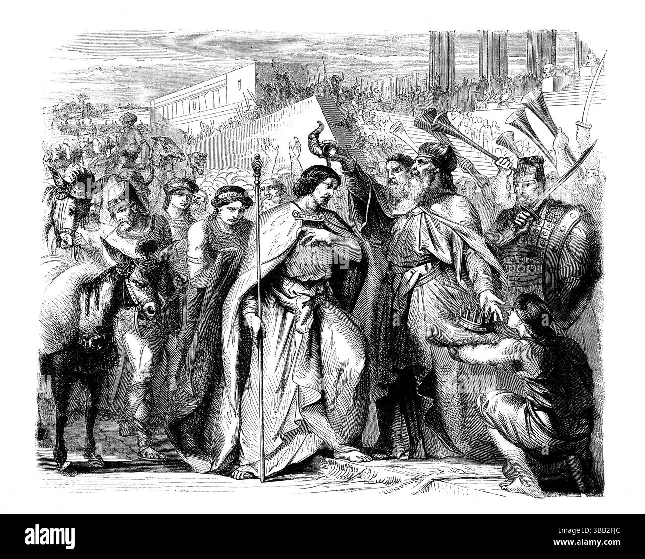 Illustration der Freude des Volkes über die Thronbesteigung von König David auf den Thron israels (Chroniken) aus dem antiken 19. Jahrhundert die Heilige Bibl Stockfoto