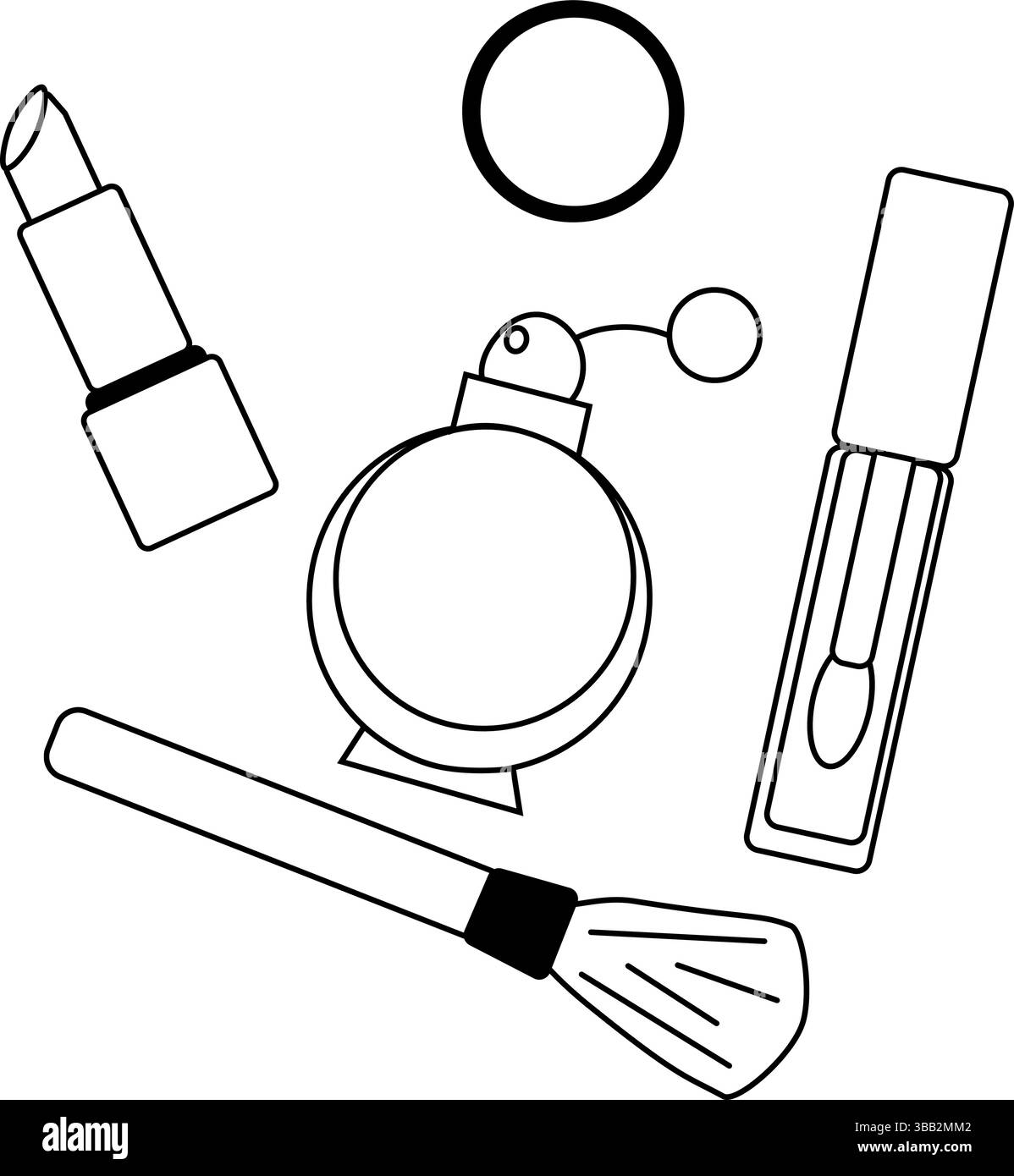 Kosmetikaccessoires, Kosmetikartikelzusammensetzung. Vektorgrafik-Strichdarstellung. Schwarz-weiß, süße Kosmetik-Make-up-Kunst. Für Poster, Flyer, bann Stock Vektor