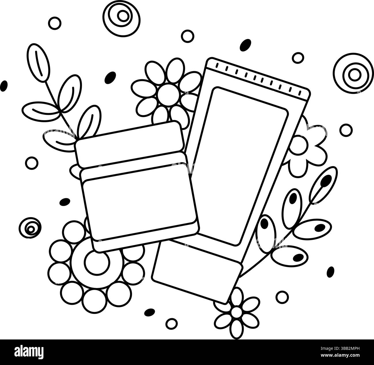 Creme mit Blumen und Blättern Zusammensetzung. Vektorgrafik-Strichdarstellung. Schwarz-weiß niedliche Kosmetik Make-up-Kunst. Illustration für Paket, Vakat Stock Vektor