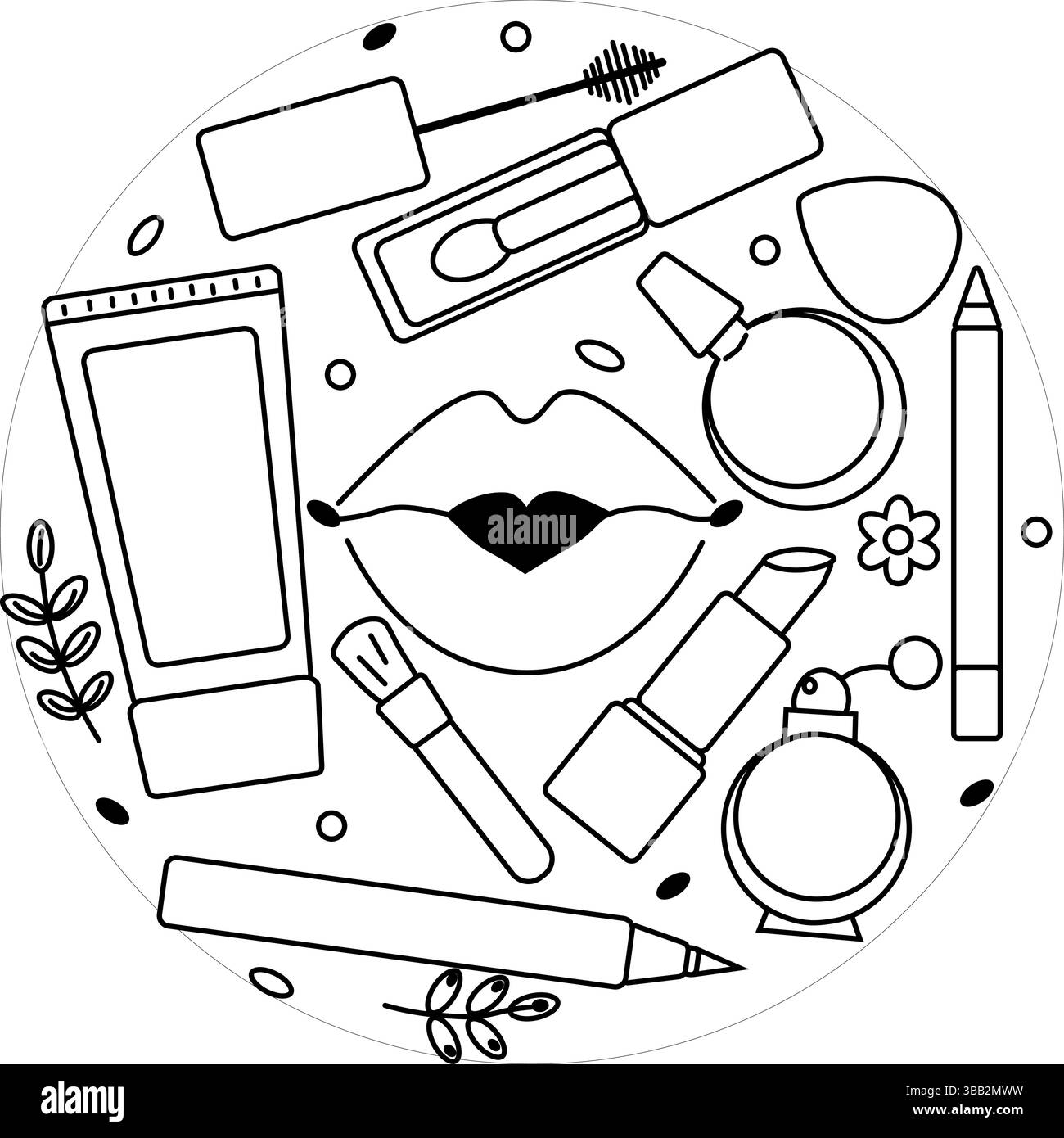 Make-up-Werkzeuge runde Kreiszusammensetzung. Vektorgrafik-Strichdarstellung. Schwarz-weiß, süße Kosmetik-Make-up-Kunst. Für Poster, Partyeinladungen, Backd Stock Vektor