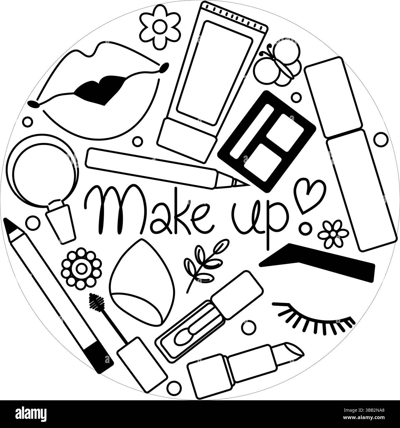 Kosmetische Kreiszusammensetzung. Vektorgrafik-Strichdarstellung. Schwarz-weiß süße Kosmetik Make-up-Kunst. Illustration für Paket, Urlaub Desi Stock Vektor
