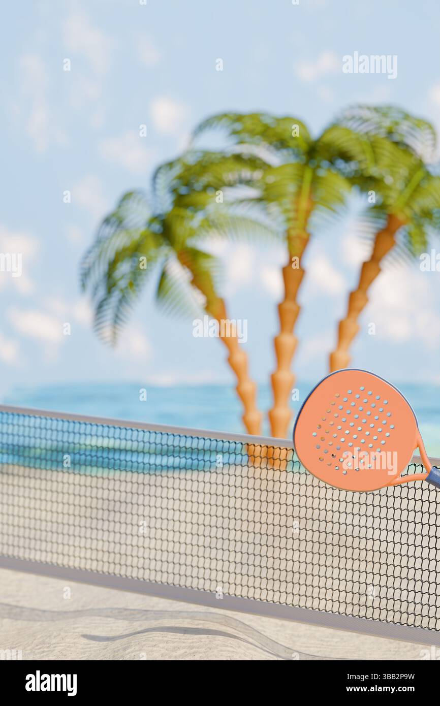 Strandurlaub mit Padel-Tennis und Palmen, Sand und Meer für Sommerurlaub. 3D-Rendering Stockfoto