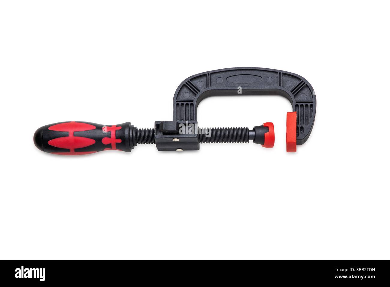 Schwarzes und rotes C-Klemmwerkzeug mit isoliertem weißem Hintergrund Stockfoto