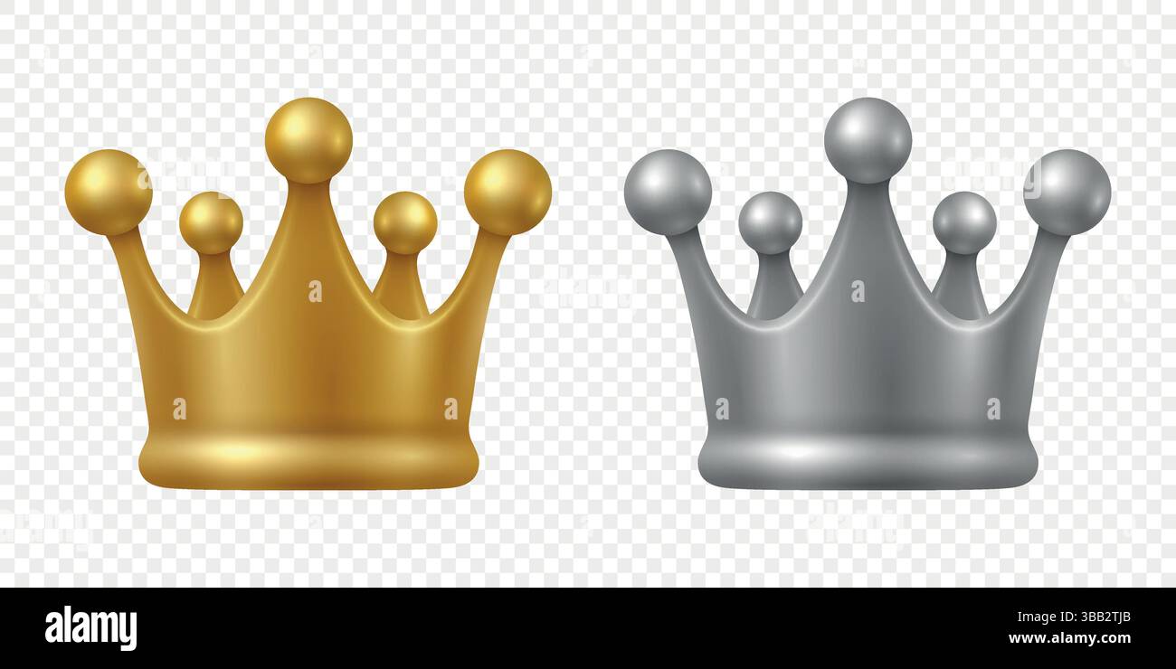 Vector 3D realistische Symbole in Gold und Silber. Hochglanz-Metallic-Krone-Illustration für königliches Kronendesign. Luxussymbol der Macht, der Monarchie, des Königs Stock Vektor