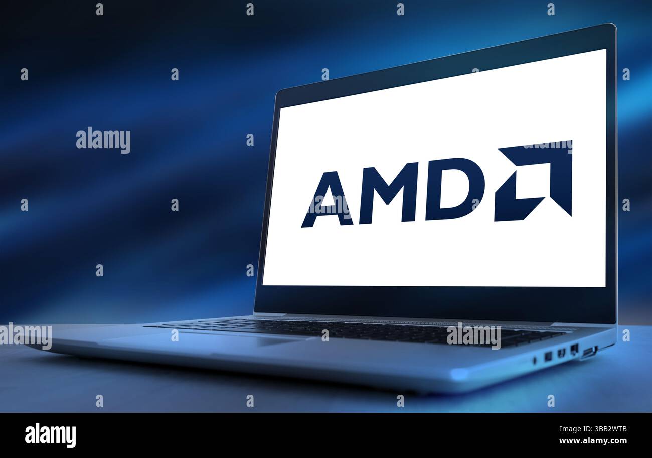 AMD Advanced Micro Devices Firmenlogo auf dem Laptop Stockfoto