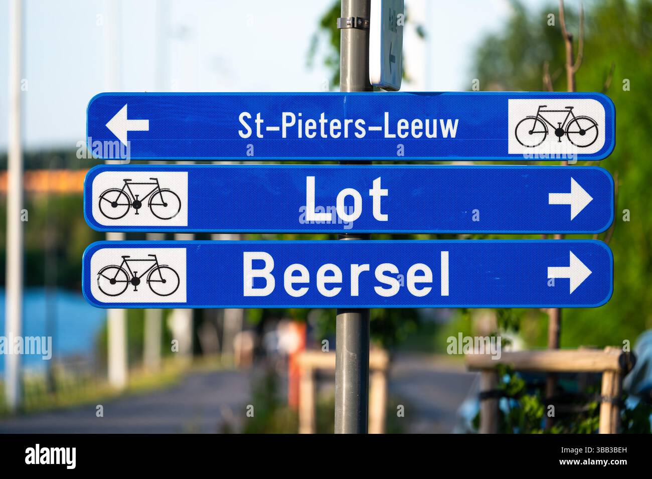 Blaues Zeichen für Radwege nach Beersel, Sint Pieters Leeuw und Lot, Flämische Region Brabant, Belgien 10. Mai 2025 Stockfoto