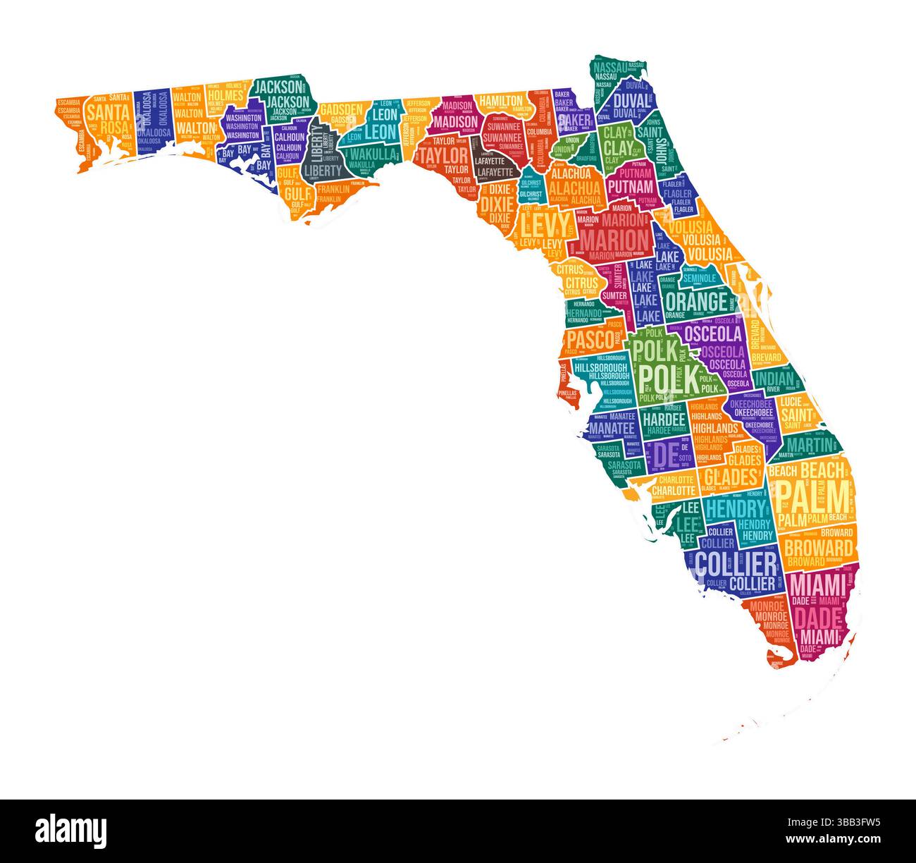 Florida-Form. State Word Cloud mit Bezirksabteilung. Farbige Abbildung in Florida. County Names Cloud. Vektorabbildung. Stock Vektor