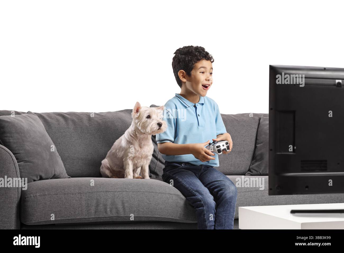 Aufgeregter asiatischer Junge mit einem Hund, der auf einem Sofa sitzt und Videospiele auf weißem Hintergrund spielt Stockfoto