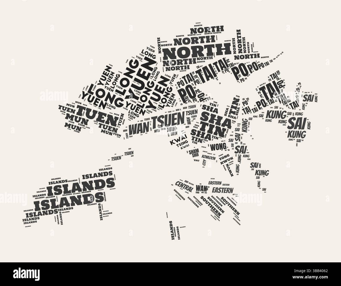 Hong Kong Word Cloud. Land mit Geschäftsbereich Regionen. Hong Kong typografischer Text Wolken Vektor-Bilddesign. Landschaftbild im Vintage gazette-Stil. Stock Vektor