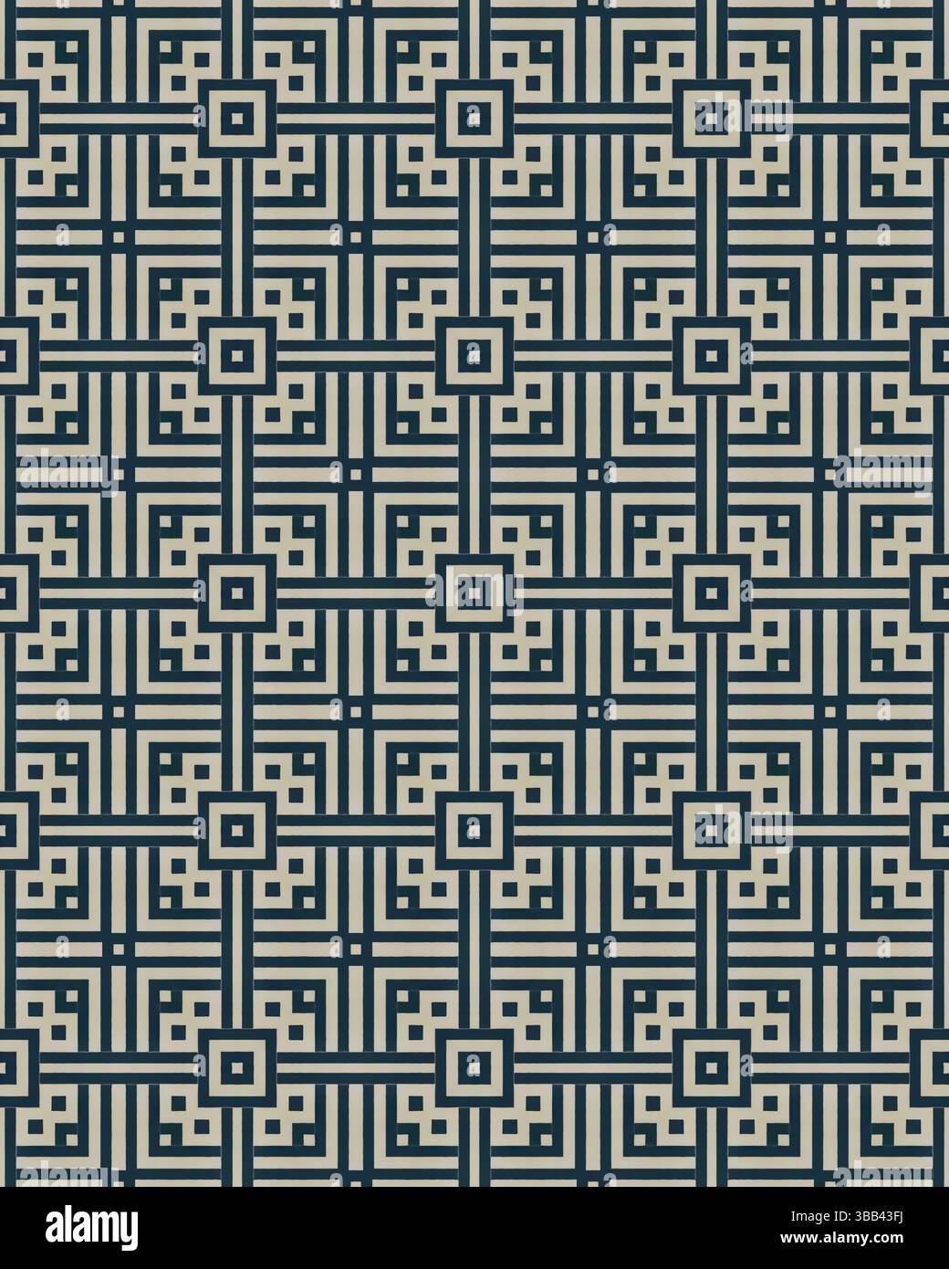 Das komplexe geometrische Muster mit ineinander greifenden Quadraten und Linien in einem modernen Design zeigt einen einzigartigen künstlerischen Stil. Stockfoto