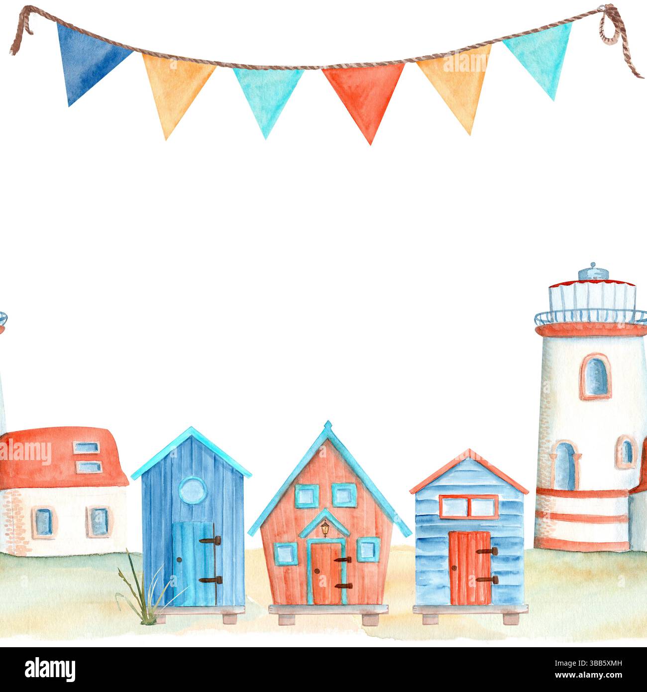 Strandhütten, Leuchttürme und festliche Aquarellrahmen am Meer. Handgemalte Illustration im fröhlichen nautischen Stil. Ideal für den Sommer Stockfoto