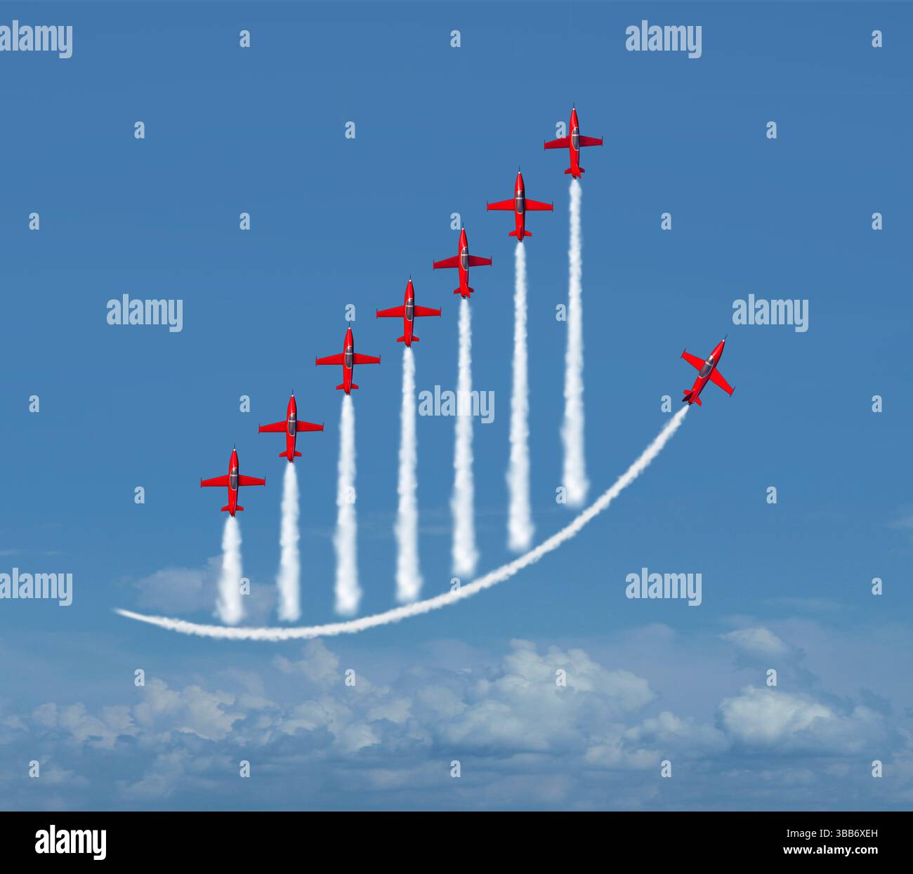 Business Team Erfolg als Finanzchartenkonzept als Team- oder Teamwork-Symbolidee mit Flugzeugen in organisierter Form mit einem Plan Stockfoto