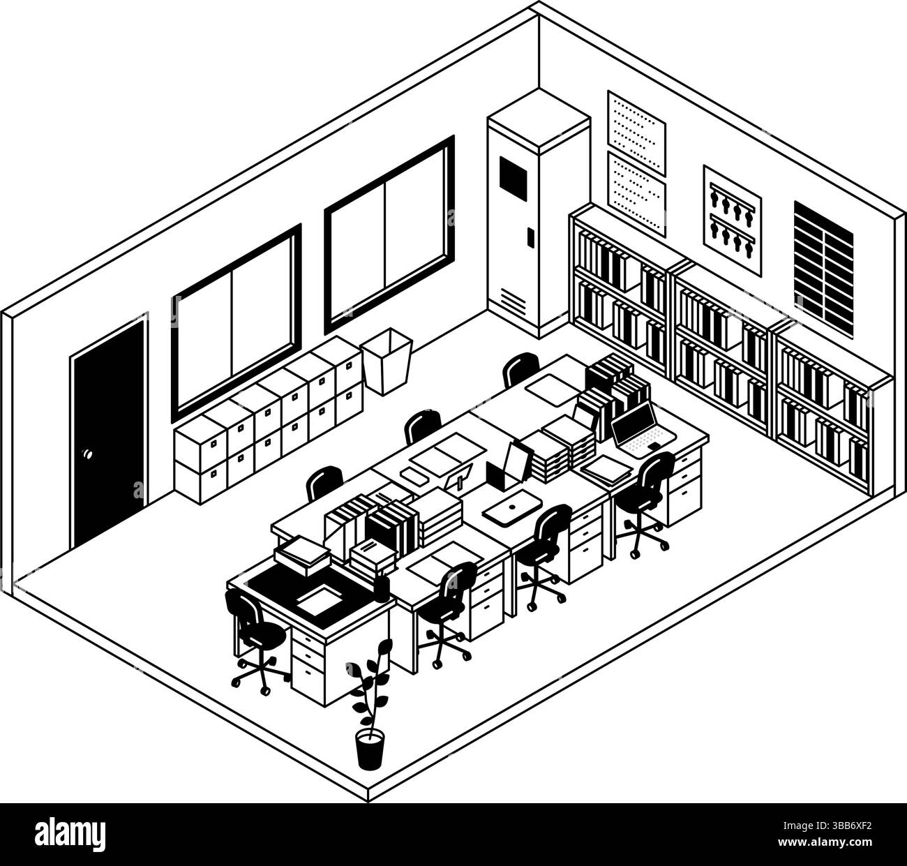 Einfache und niedliche isometrische Linienzeichnung Illustration eines Schulpersonalzimmers mit Lehrerpulten, Vektorillustration Stock Vektor