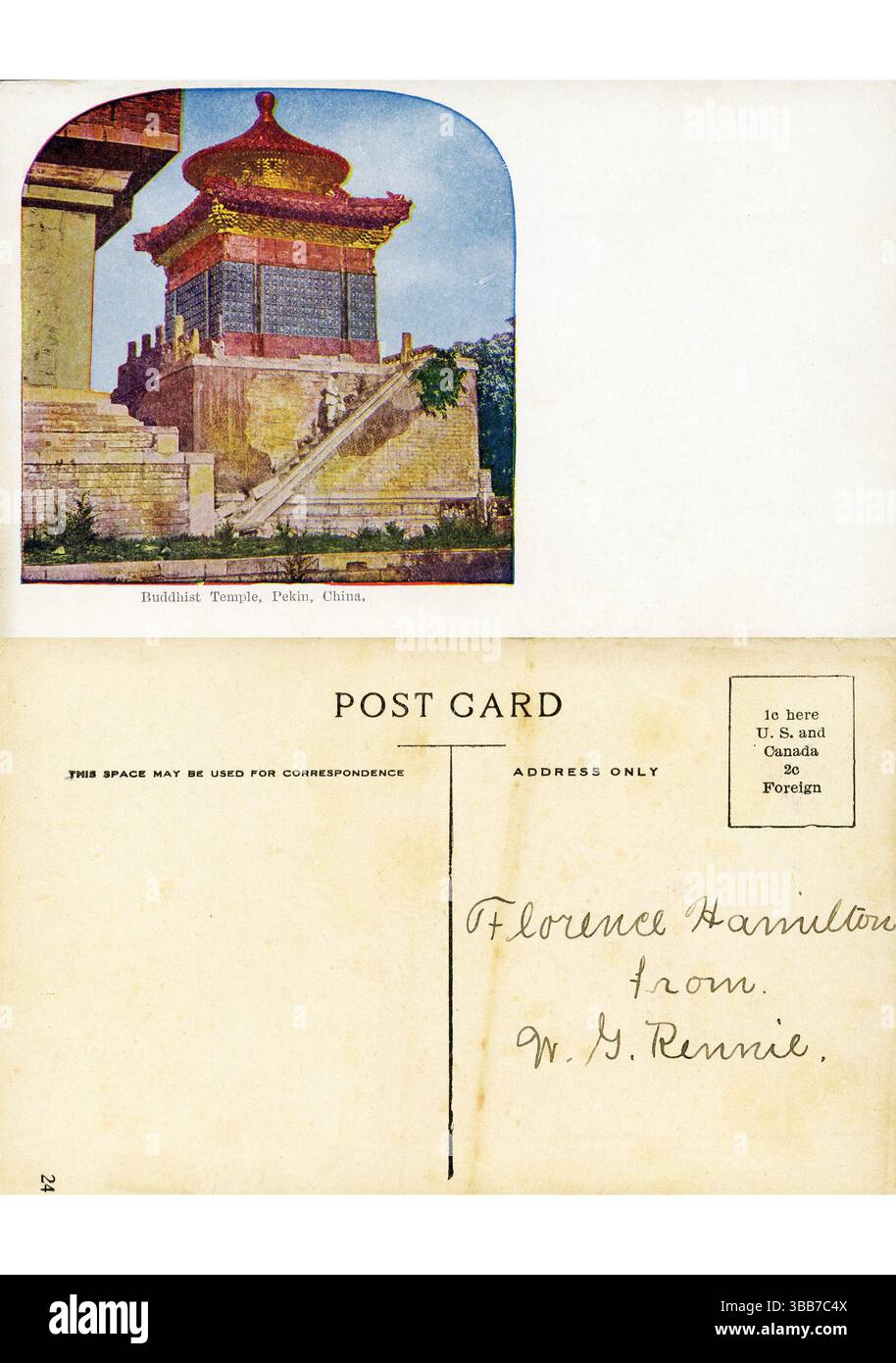 Vintage Postkarte des Pavillons des buddhistischen Tempels in Peking Stockfoto
