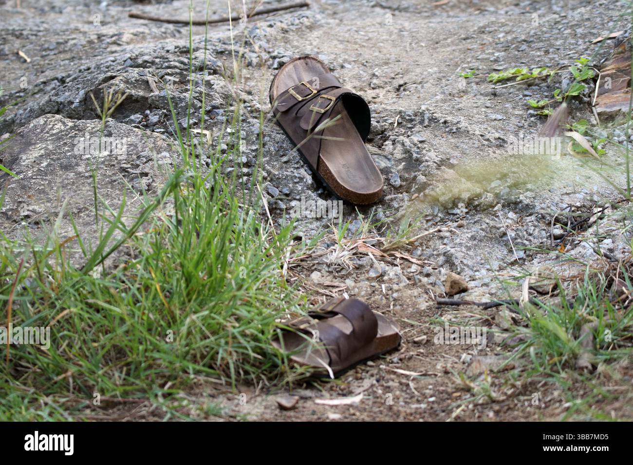 Verlassene Schuhe in einem Park mit Gras und Zement Stockfoto