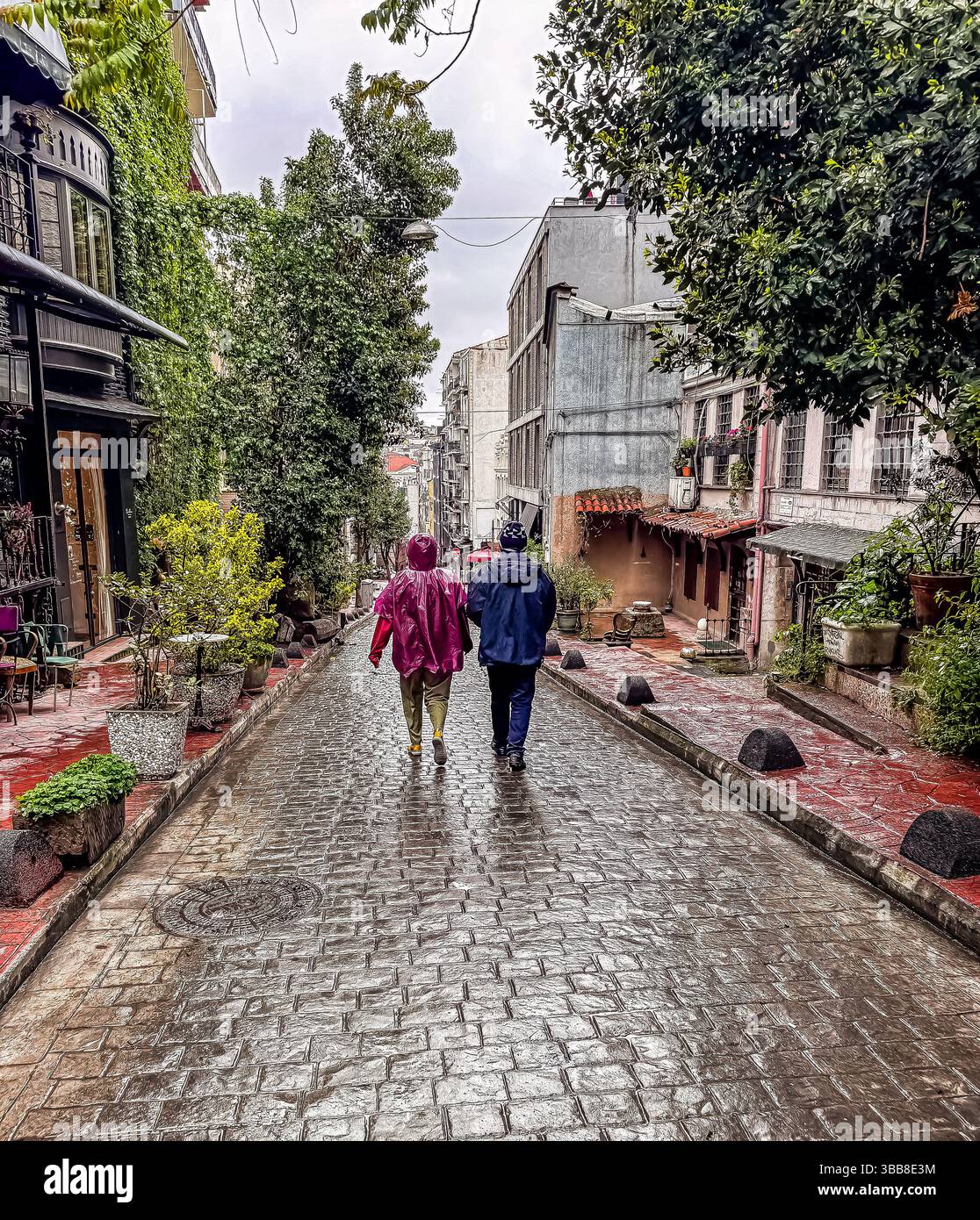 Zwei Personen gehen eine kopfsteingepflasterte Straße entlang, umgeben von üppigem Grün und Gebäuden. Hochwertige Fotos Stockfoto