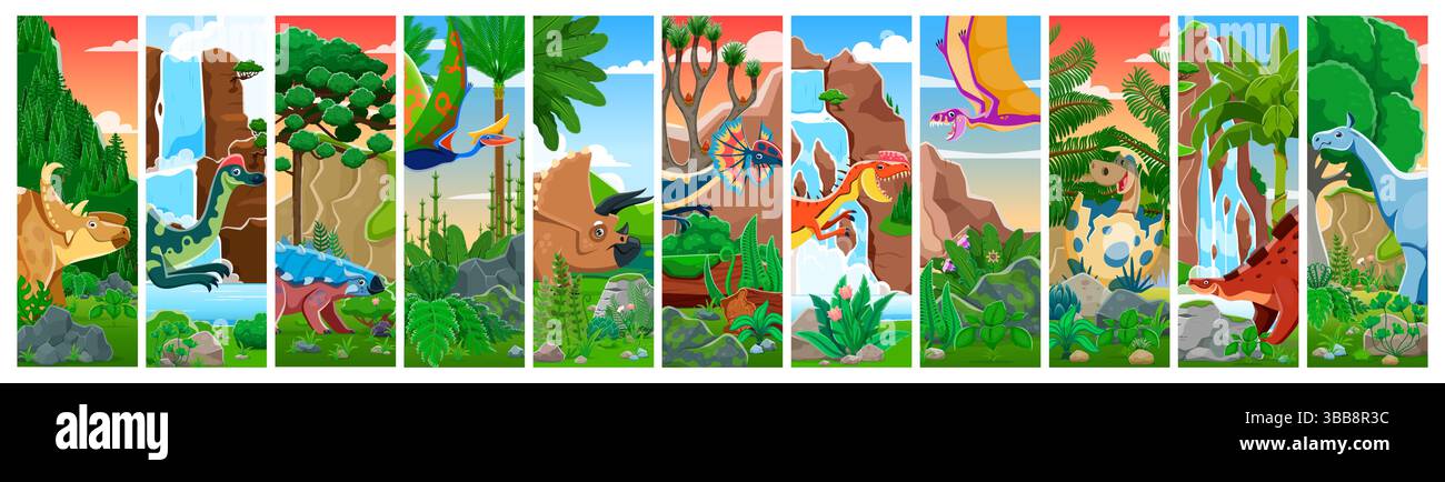 Prähistorische Dinosaurierfiguren-Collage. Paläontologie Tiere Vektorbanner oder Collage mit Pachyrhinosaurus, triceratops, Ankylosaurus und quetzalcoatlus, dimorphodon, dilophosaur Cartoon-Persönlichkeiten Stock Vektor