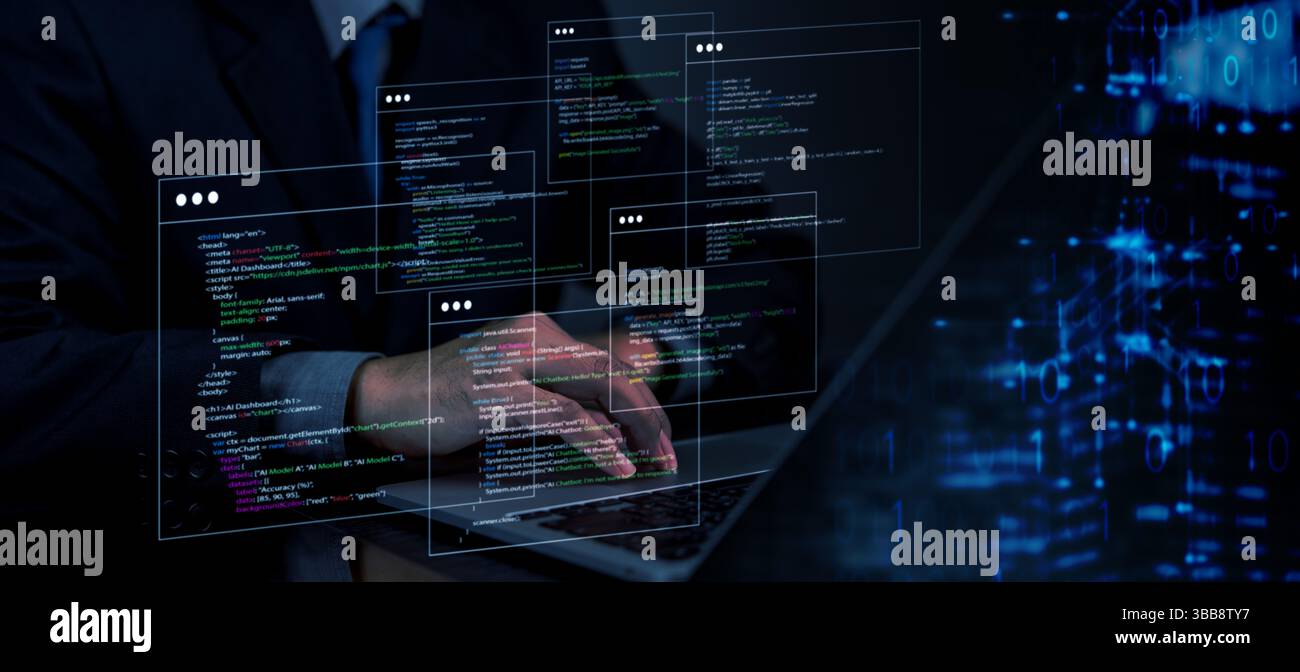 Programmierer, der an Code für künstliche Intelligenz arbeitet, zeigt Zeilen von JavaScript und Code, der zum Aufbau eines Chatbot-Systems verwendet wird. Das Bild hebt AI, c Stockfoto