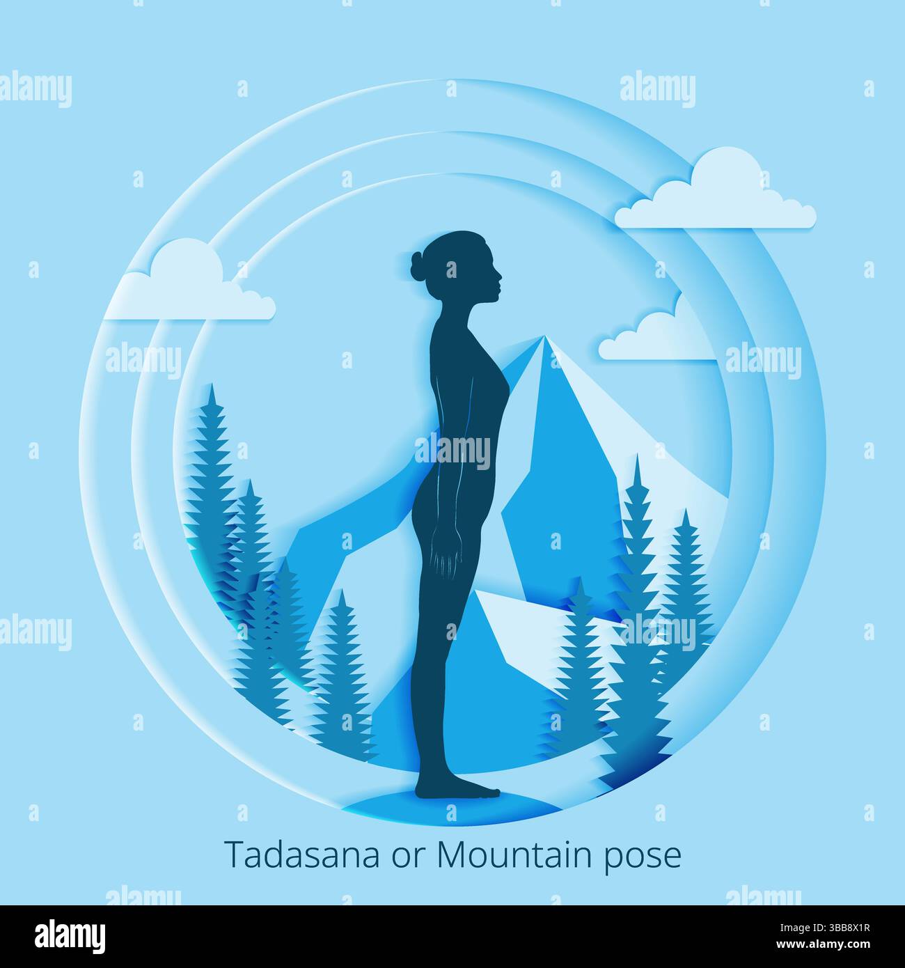 Internationaler Yoga-Tag. Tadasana oder Berghaltung. Papierschnitt. Isolierte Vektordarstellung. Stock Vektor