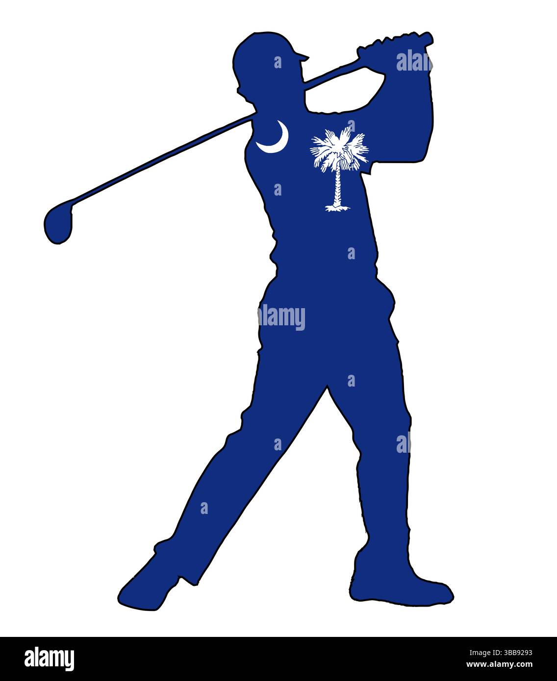 Eine Silhouette eines Golfspielers im Bundesstaat South Carolina, die seinen Schwung isoliert auf weiß mit eingefasster Staatsflagge zeigt Stockfoto