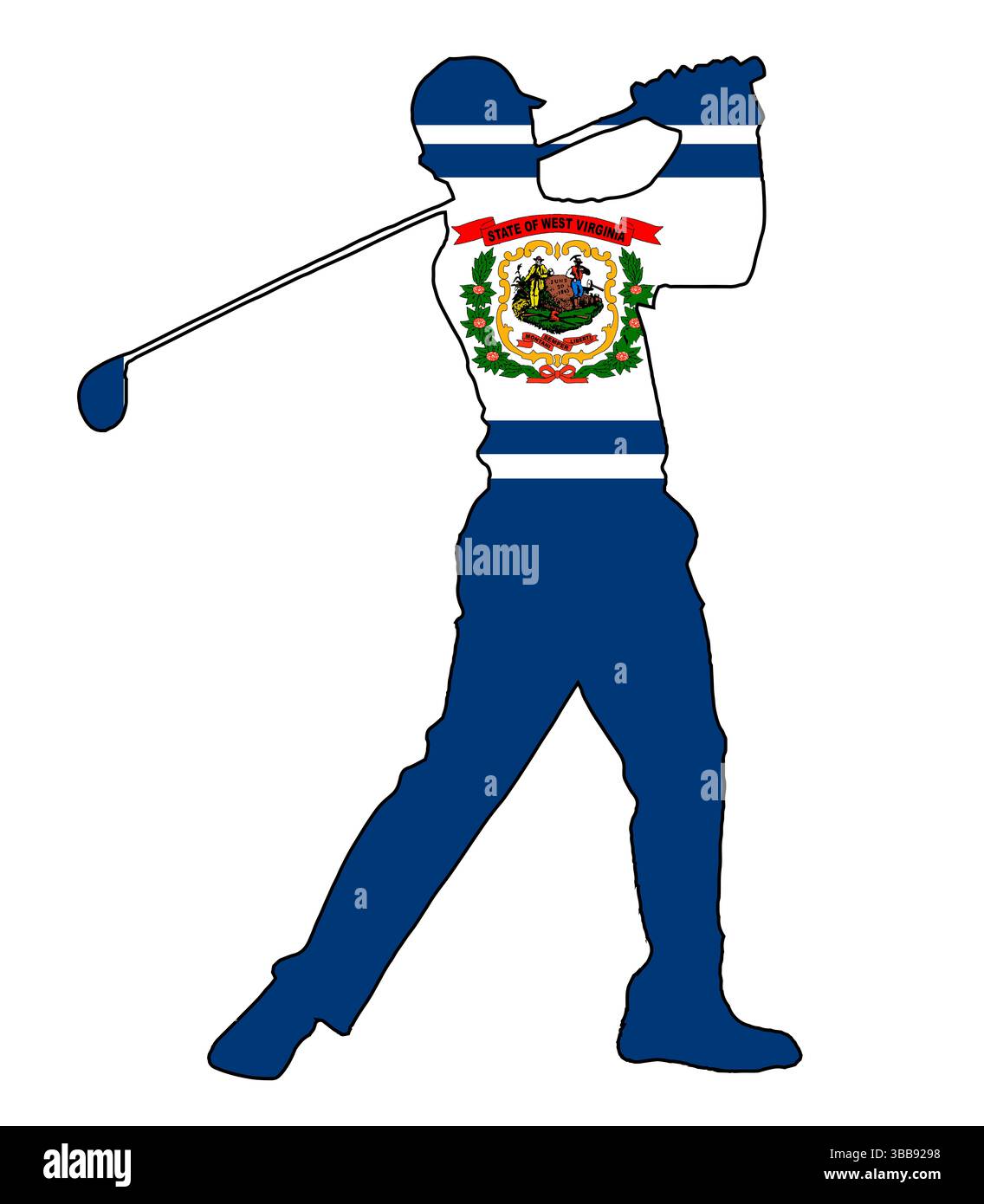 Eine Silhouette eines Golfspielers im Bundesstaat West Virginia, die seinen Schwung isoliert auf weiß mit eingefasster Staatsflagge zeigt Stockfoto