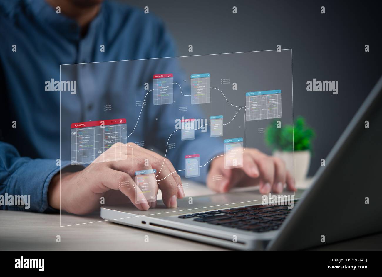 Programmierer, der an der Verwaltung von Datenbankentwicklern arbeitet, mit einer futuristischen digitalen Schnittstelle, die Datenanalysen und IT-Technologie repräsentiert. Stockfoto
