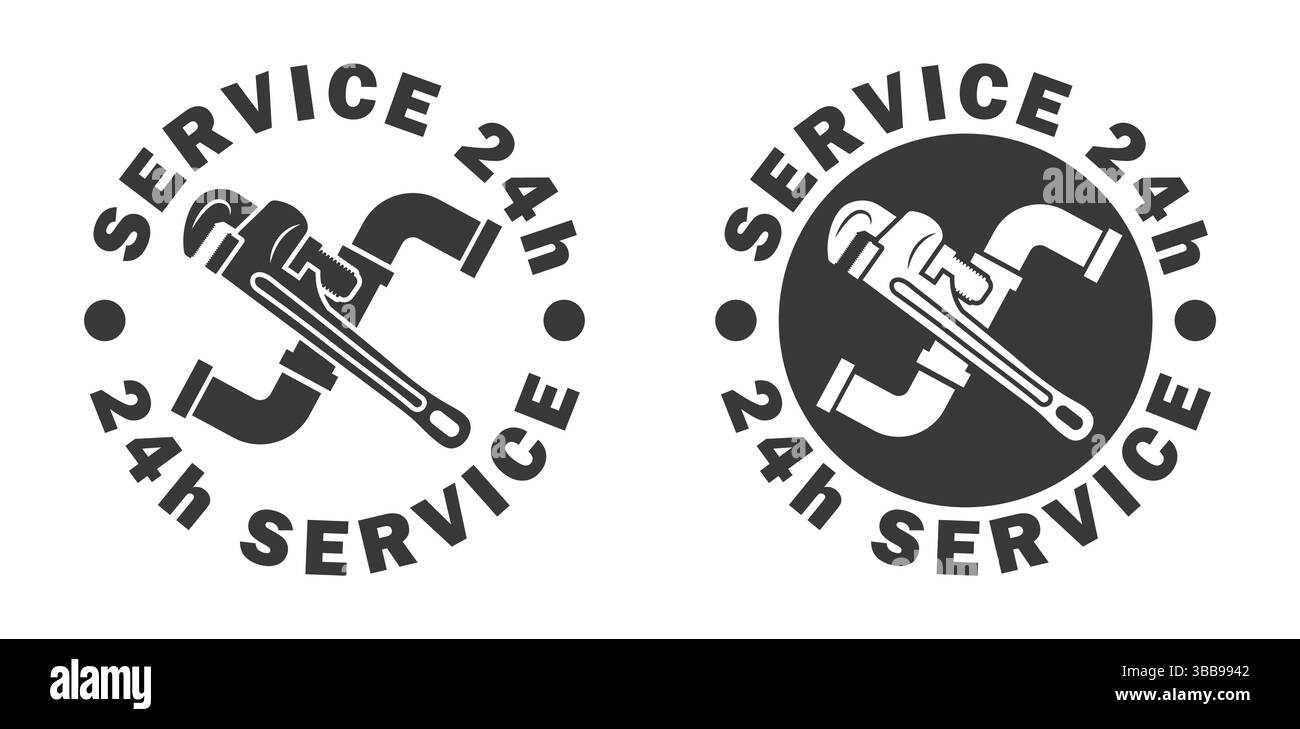 Symbol für Sanitär-Services, Schild für Rohrschlüssel, Logo für Sanitär-Schraubenschlüssel. 24-Stunden-Service. Vektorabbildung. Isoliert auf weißem Hintergrund. Stock Vektor