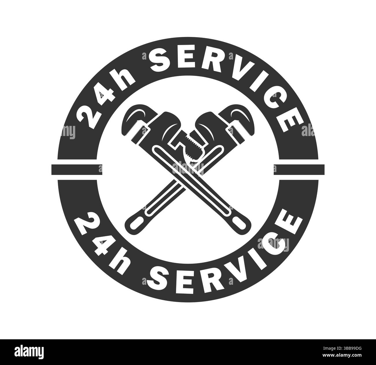 Symbol für Sanitär-Services, Schild für Rohrschlüssel, Logo für Sanitär-Schraubenschlüssel. 24-Stunden-Service. Vektorabbildung. Isoliert auf weißem Hintergrund. Stock Vektor