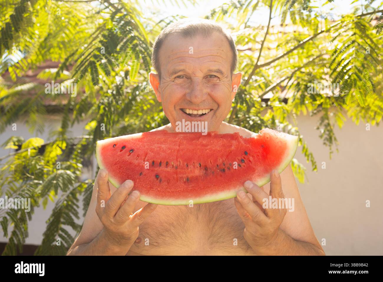 Senior Mann lächelt draußen, feiert den Ruhestand und die goldenen Jahre seines Lebens Stockfoto