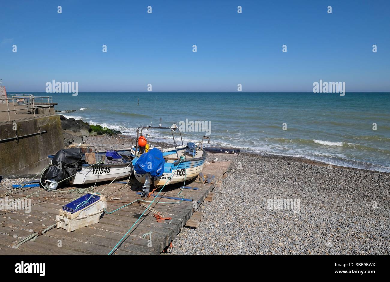 Fischerboote auf der Slipway, sheringham Beach, Nord norfolk, england Stockfoto