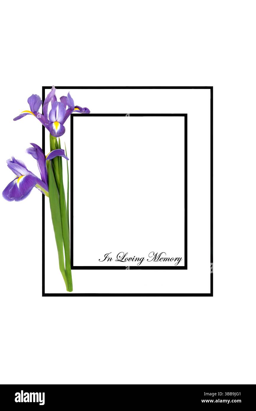 In liebevoller Erinnerung und tiefster Sympathie Erinnerungskarte mit Blumen mit schwarzem Rahmen auf weiß. Design für Beerdigung oder Bestellung der Dienstkarte. Stockfoto