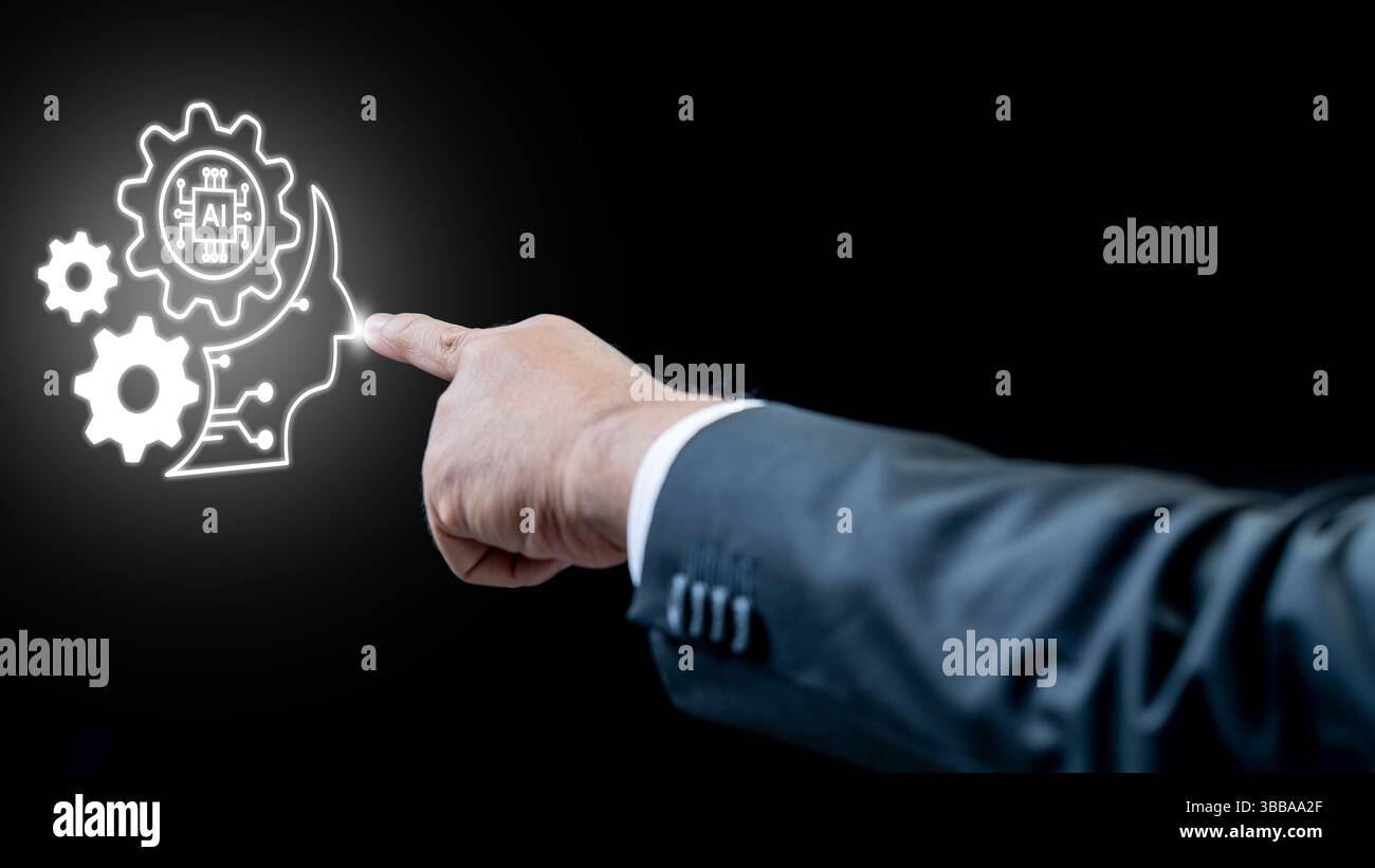 Geschäftsmann zeigt das Symbol des menschlichen Kopfes mit KI-Symbol. Technologische Innovation auf dem virtuellen Bildschirm. Konzept der KI oder künstliche Intelligenz Stockfoto