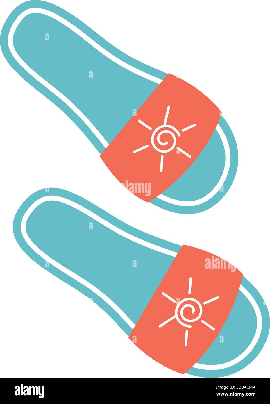 Niedliche Strandschuhe für Damen oder Kinder mit Sonnenmuster. Sommer leichte Freizeitschuhe. Modisches Accessoire für Pool- oder Strandurlaub. Vektorelement Stock Vektor