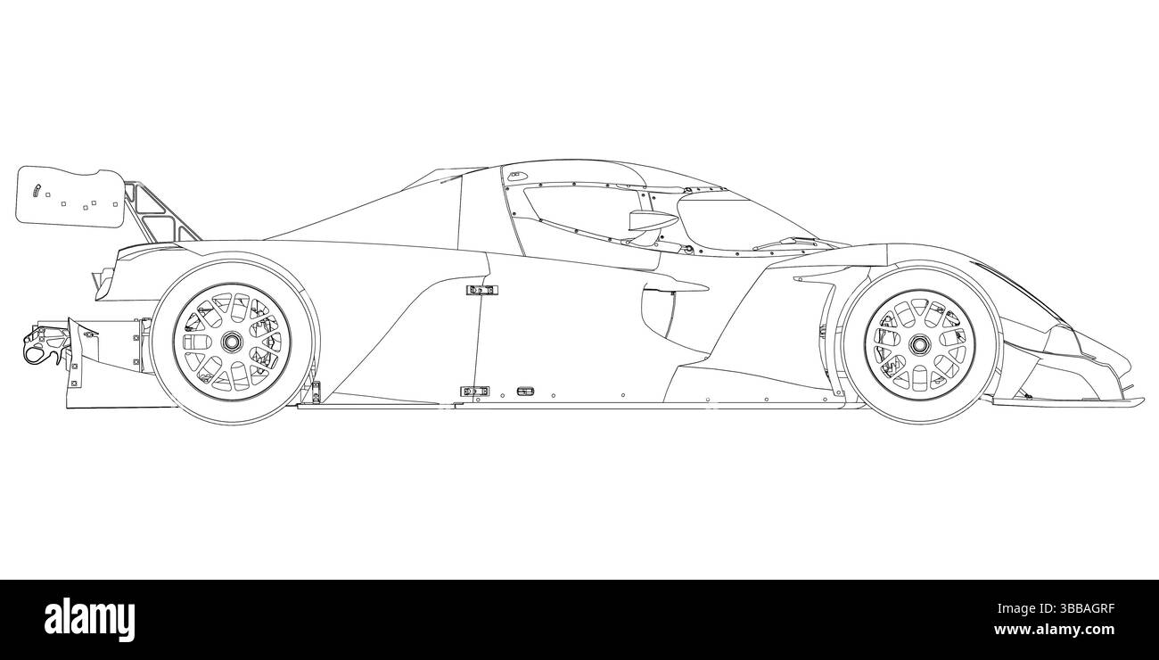 Ein Auto wird in Schwarz-weiß gezeichnet. Der Wagen ist ein Sportwagen mit langer Karosserie und langem Radstand. Das Fahrzeug ist aerodynamisch und schnell. Die Stock Vektor