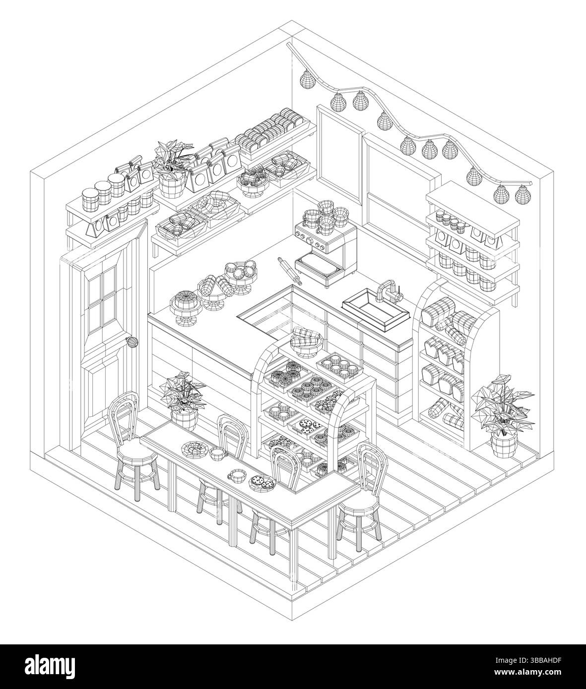 Eine detaillierte Vektor-Illustration einer gemütlichen Bäckerei mit Regalen mit Brot und Gebäck, einem zentralen Tisch mit Hockern und Hängen Stock Vektor