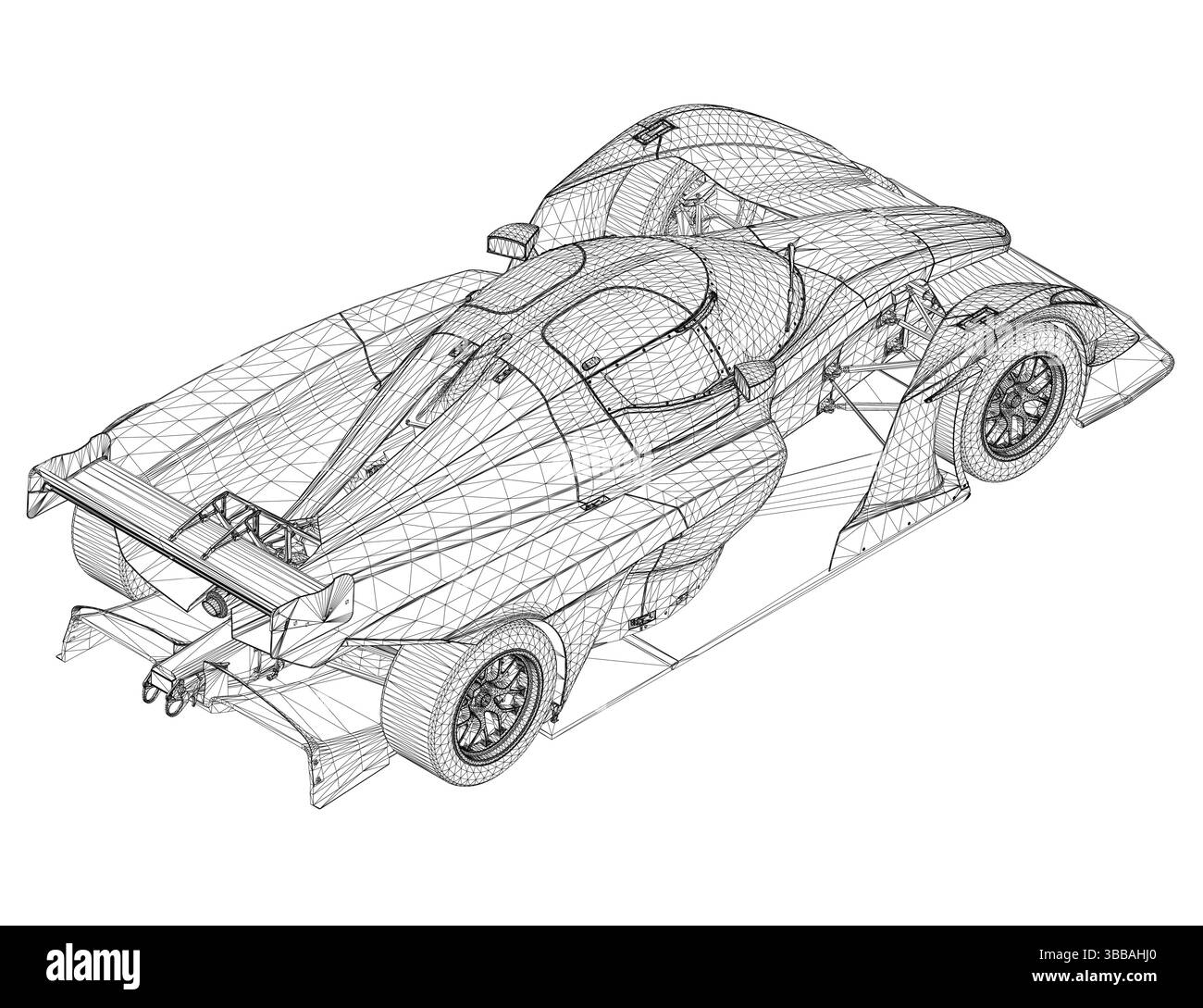 Eine Zeichnung eines Rennwagens mit vielen Details. Der Wagen ist ein Sportwagen mit einem schlanken Design und einem langen Radstand. Die Zeichnung ist schwarz-weiß, giv Stock Vektor
