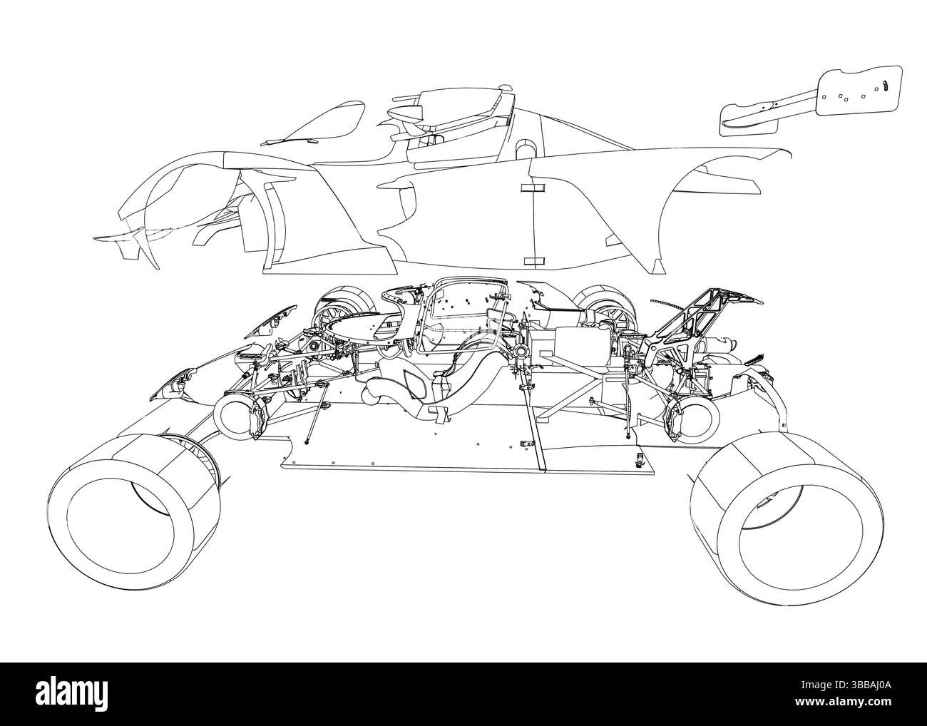 Vektorillustration der Sportwagenumrisse in zerlegter Form. Seitenansicht Stock Vektor